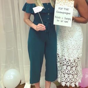 Lulus June Bloom Dark Green Off-the-Shoulder Culotte Jumpsuit